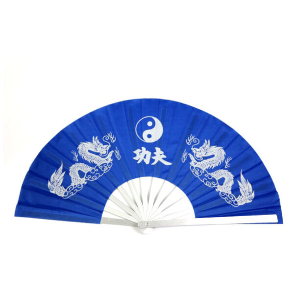 Kung Fu Characters Fan Aluminum Alloy Metal Fan Bones Blue Double Loong Fan